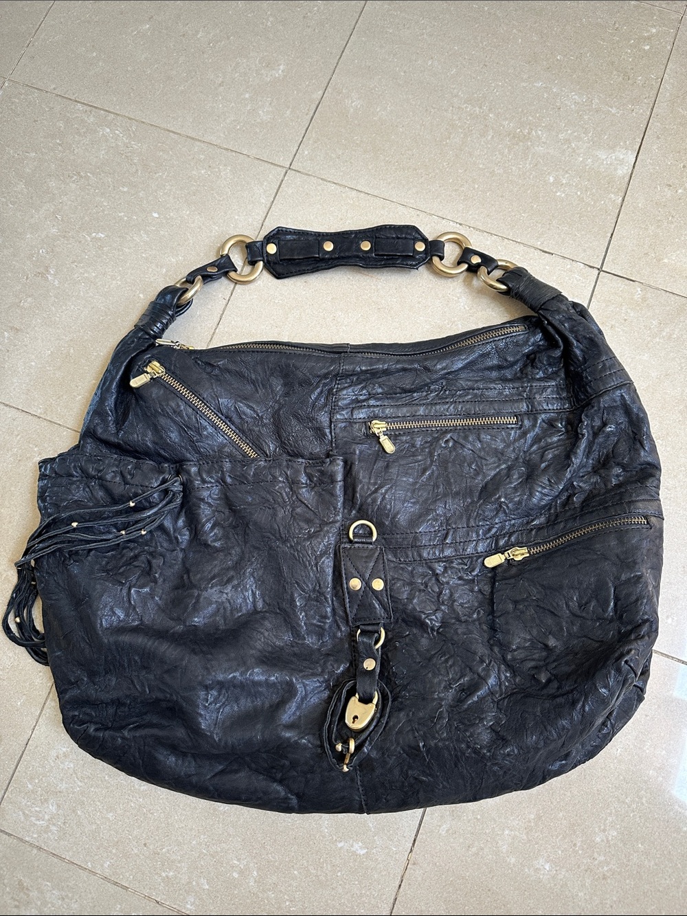 Large Black Shoulder Bag with Gold Hardware